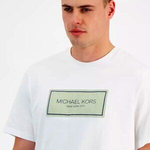 MICHAEL KORS Seersucker Label Logo T-Shirt, BRAND NEW! WHITE, SIZE: MEDIUM